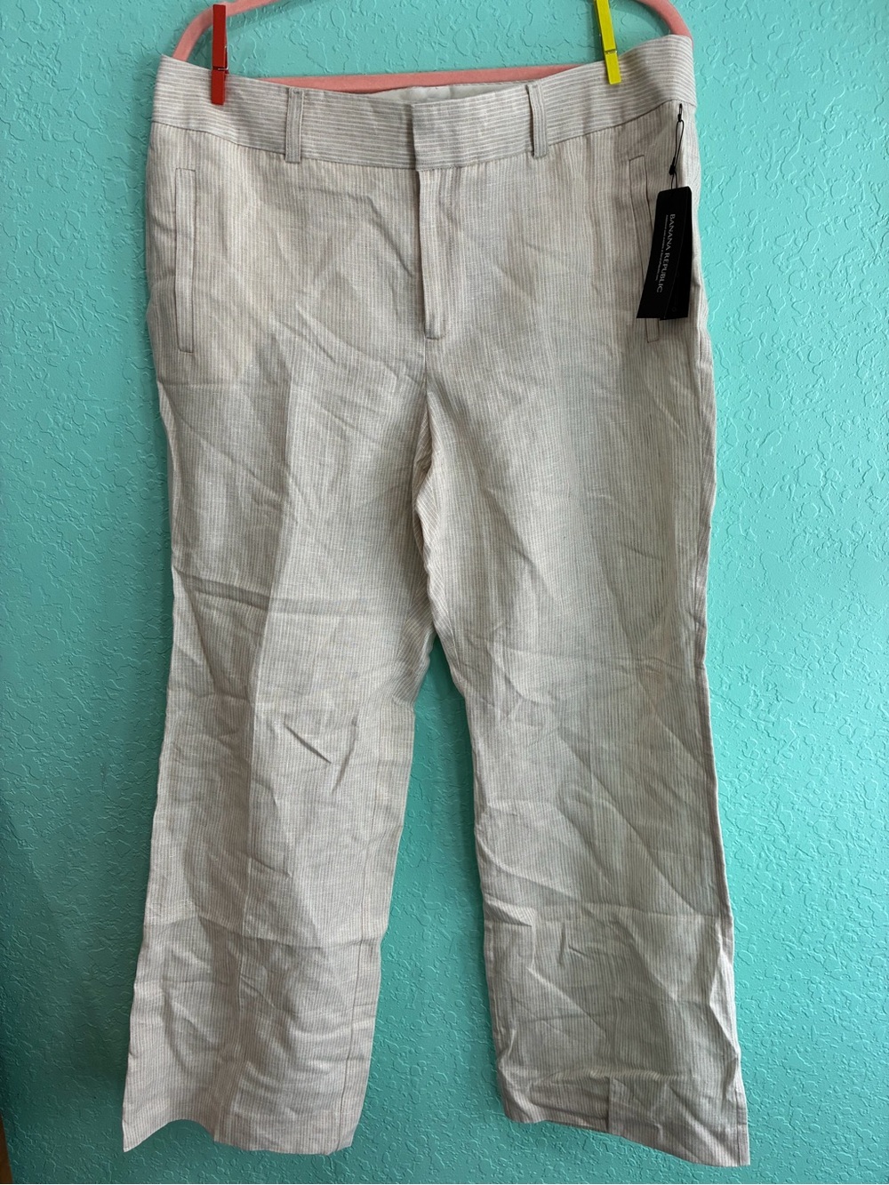Women’s Beige Striped Dress linen Pants Banana Republic Jackson fit 14S NWT